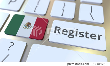 Register text and flag of Mexico on the keyboard. Online services related 3D rendering 65484238