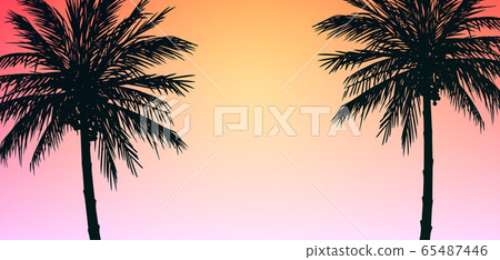 Natural Coconut trees. Mountains horizon hills. Silhouettes of palm trees and hills. Sunrise and sunset. Landscape wallpaper. Illustration vector style. Colorful view background. 65487446