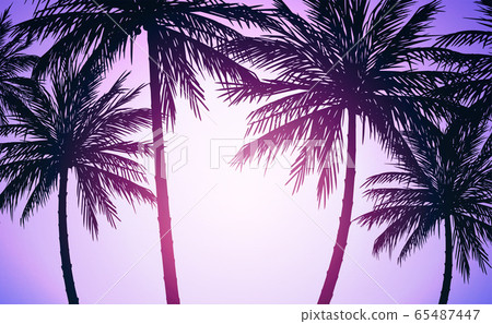 Natural Coconut trees. Mountains horizon hills. Silhouettes of palm trees and hills. Sunrise and sunset. Landscape wallpaper. Illustration vector style. Colorful view background. Natural Coconut trees. Mountains horizon hills. Silhouettes of palm trees and hills. Sunrise and sunset. Landscape wallpaper. Illustration vector style. Colorful view background. 65487447