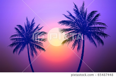 Natural Coconut trees. Mountains horizon hills. Silhouettes of palm trees and hills. Sunrise and sunset. Landscape wallpaper. Illustration vector style. Colorful view background. Natural Coconut trees. Mountains horizon hills. Silhouettes of palm trees and hills. Sunrise and sunset. Landscape wallpaper. Illustration vector style. Colorful view background. 65487448