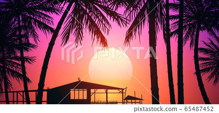 Natural Coconut trees. Mountains horizon hills. Silhouettes of palm trees and hills. Sunrise and sunset. Landscape wallpaper. Illustration vector style. Colorful view background. 65487452
