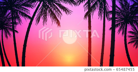 Natural Coconut trees. Mountains horizon hills. Silhouettes of palm trees and hills. Sunrise and sunset. Landscape wallpaper. Illustration vector style. Colorful view background. 65487455