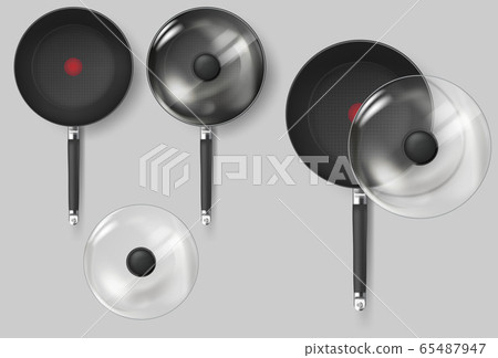Realistic Classic fry pan with glass lid and handle. Vector 65487947