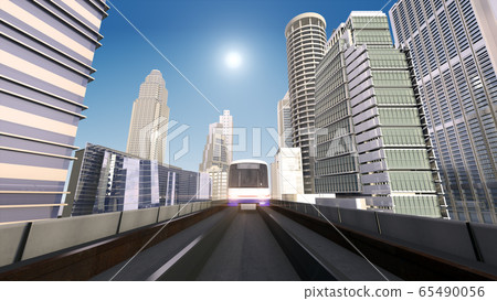 Perspective View of Electricity Sky Train with Railway in urban city. Electric train runs in the center of the urban city, Economic center. 3d illustration. Perspective View of Electricity Sky Train with Railway in urban city. Electric train runs in the center of the urban city, Economic center. 3d illustration. 65490056