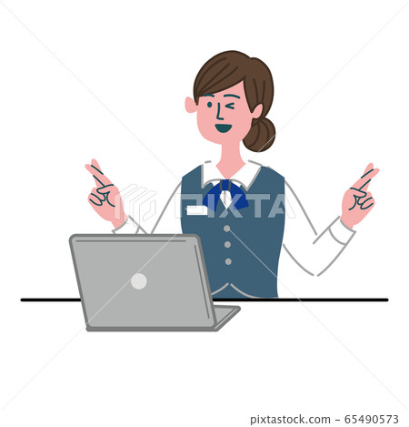 Female bank clerk, office worker, computer, wish good luck 65490573