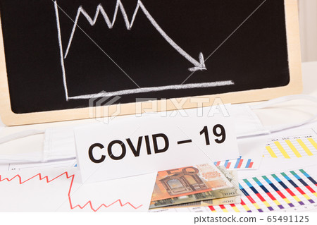 Inscription Covid-19, euro and downward graphs 65491125