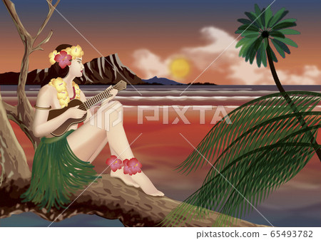 一個女人在玩夏威夷夏威夷四弦琴的插圖 65493782