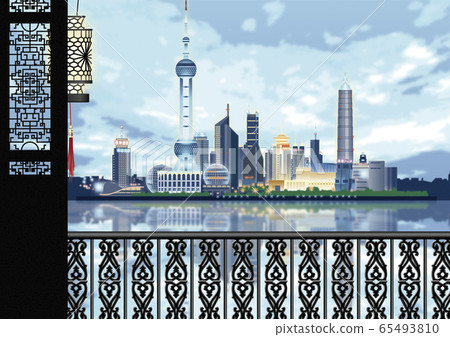 Illustration of Shanghai Oriental Pearl Tower and Pudong New Area 65493810