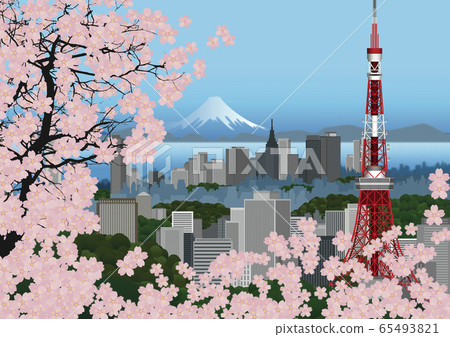 Illustration of cherry blossoms and Tokyo Tower and buildings 65493821