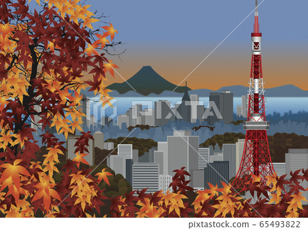 秋天的葉子和東京鐵塔和建築物的插圖 65493822