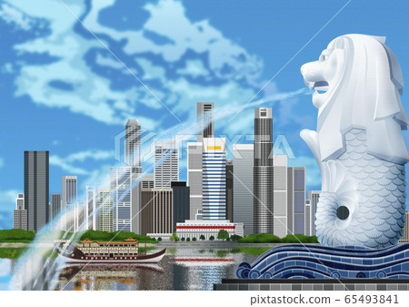 Illustration of merlion and buildings 65493841