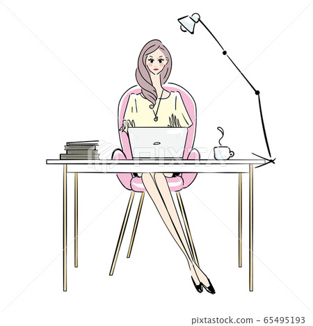 A woman using a computer at the desk A woman using a computer at the desk 65495193