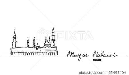 Mosque Nabawi one continuous line drawing background, banner, poster, card. Simple black and white mopdern design Mosque Nabawi one continuous line drawing background, banner, poster, card. Simple black and white mopdern design 65495404