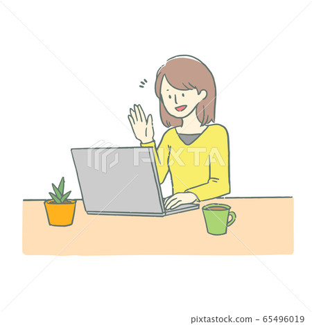 Illustration of a woman making a video call on a laptop 65496019