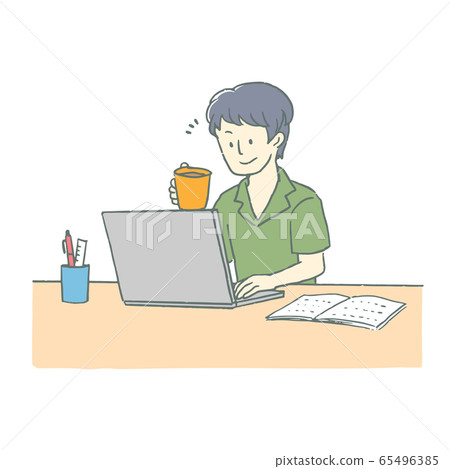 Illustration of a man making a video call on a laptop 65496385