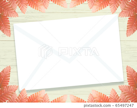 Envelope and orange leaf background on planks (wood deck) Envelope and orange leaf background on planks (wood deck) 65497247