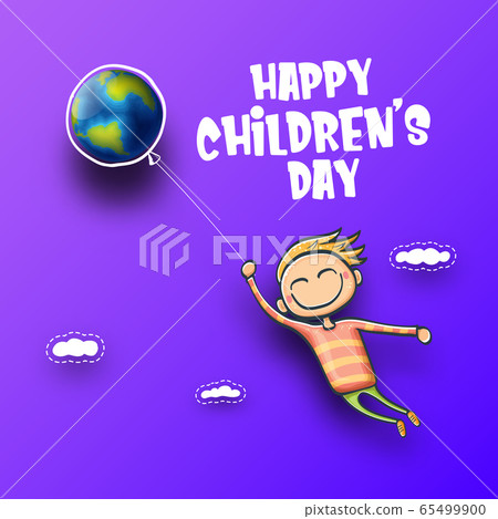 1 june international childrens day background with little funny boy holding in hands baloon and fly in sky. Vector happy international childrens day poster concept with funny cartoon smiling child 65499900