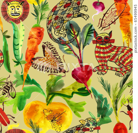 Watercolor seamless pattern in folk style. Different plants and vegetables, fantasy animals. Nature background. Hand drawn Lion head, cat, beet, pea, carrot, radish. Naive decorative illustration. 65499945