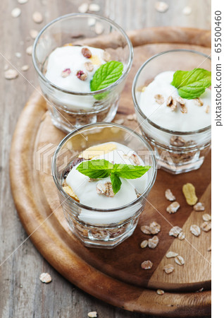 Healthy breakfast with muesli and yogurt Healthy breakfast with muesli and yogurt 65500460