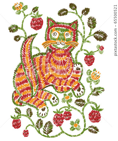 Vector artwotk with animal in folk style. Fantasy cat surounded by berries isolated on white, Embroidery imitation, hatching. Vector artwotk with animal in folk style. Fantasy cat surounded by berries isolated on white, Embroidery imitation, hatching. 65500521