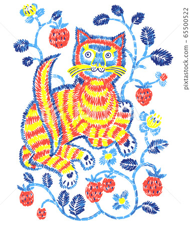Vector artwotk with animal in folk style. Fantasy cat surounded by berries isolated on white, Embroidery imitation, hatching. Vector artwotk with animal in folk style. Fantasy cat surounded by berries isolated on white, Embroidery imitation, hatching. 65500522