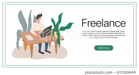 Freelance vector flat banner template. Man sitting in comfortable chair at desk and working on computer. 65500644