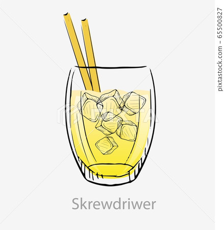 Cocktail screwdriver. Yellow cocktail ice cubes yellow straws long drink alcohol. 65500827