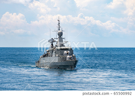 Guided missile corvette type navy ship sails in the sea to protect sea line of communcation or SLOC. Guided missile corvette type navy ship sails in the sea to protect sea line of communcation or SLOC. 65500992