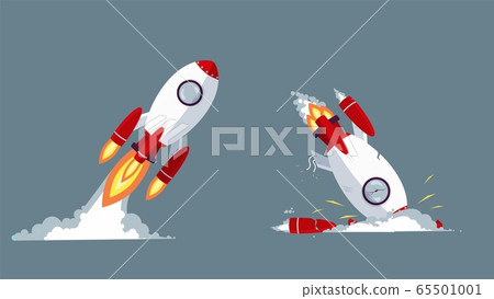 Cartoon rocket taking off and crash vector graphic illustration. Startup launch and failure 65501001