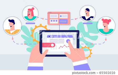 Human hands remote management of business teamwork vector flat illustration Human hands remote management of business teamwork vector flat illustration 65501010