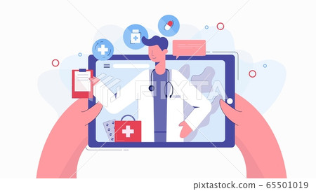 Cartoon human hands holding tablet chatting with doctor online vector flat illustration Cartoon human hands holding tablet chatting with doctor online vector flat illustration 65501019