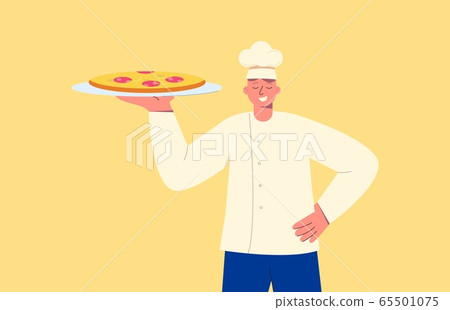 Chef with dish. Smiling cook with prepared pepperoni pizza, white uniform. Chef with dish. Smiling cook with prepared pepperoni pizza, white uniform. 65501075
