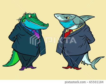 medical mask quarantine. shark and crocodile. two businessmen communicate, business meeting 65501184