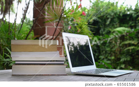 Stacked of books next to computer laptop. Garden 65501586