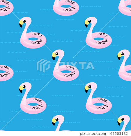 Inflatable Pink Flamingo Toy Seamless Pattern on Blue. Swimming Pool Ring for Kids. Rubber Tropical Bird Shape Inflatable Pink Flamingo Toy Seamless Pattern on Blue. Swimming Pool Ring for Kids. Rubber Tropical Bird Shape 65503182