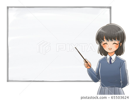 Illustration of a smiling student holding a pointing stick in front of the whiteboard 1 65503624