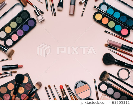 set of professional cosmetics, makeup products and accessories for women's beauty. Brushes, shadows, lipstick, powder, blush set of professional cosmetics, makeup products and accessories for women's beauty. Brushes, shadows, lipstick, powder, blush 65505311