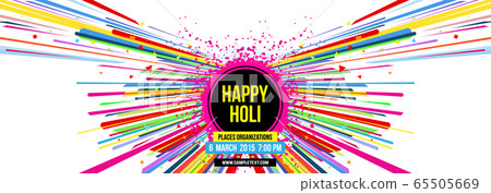 Creative template for Indian festival Happy Holi celebrations with multi color splash and strips on white background. Beautiful Indian festival Happy Holi. Creative template for Indian festival Happy Holi celebrations with multi color splash and strips on white background. Beautiful Indian festival Happy Holi. 65505669