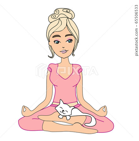 Yoga girl in lotus position and her sweet cat 65506533