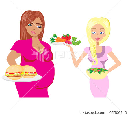 woman chooses between healthy and unhealthy food woman chooses between healthy and unhealthy food 65506543