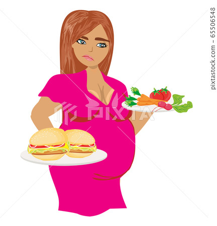 woman chooses between healthy and unhealthy food 65506548