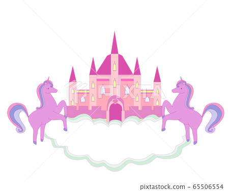 fairytale castle frame and flying unicorns 65506554