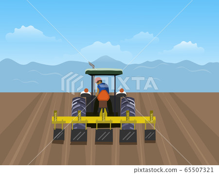 The man is driving tractor. In order to plow the soil in the field. Have a blue sky background The man is driving tractor. In order to plow the soil in the field. Have a blue sky background 65507321