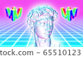 Vaporwave Aesthetic Statue on 80s Neon Glow Grid with Spinning Logo - Abstract Background Texture 65510123
