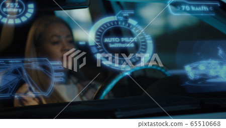 Woman engaging self driving mode in car Woman engaging self driving mode in car 65510668