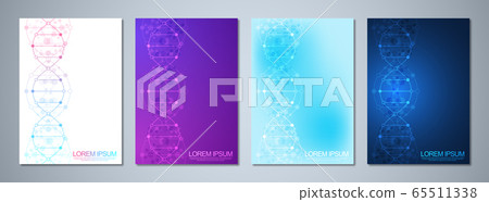 Vector template for cover or brochure, with molecules background and DNA strand. Medical or scientific and technological concept. 65511338