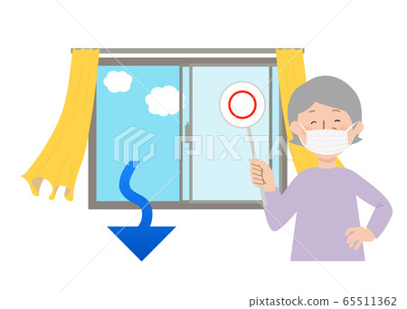 打開窗口和通風矢量圖時，奶奶用圓形標籤和窗簾遮蓋 65511362
