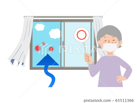 Grandma masking with a round tag and curtains sway when opening the window and ventilating vector illustration Grandma masking with a round tag and curtains sway when opening the window and ventilating vector illustration 65511366