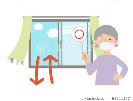 Grandma masking with a round tag and curtains sway when opening the window and ventilating vector illustration Grandma masking with a round tag and curtains sway when opening the window and ventilating vector illustration 65511367
