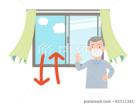 矢量圖的爺爺帶著面具打開窗戶和通風 矢量圖的爺爺帶著面具打開窗戶和通風 65511385